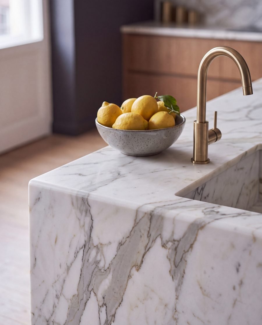 Calacatta marble island with a brushed brass tap