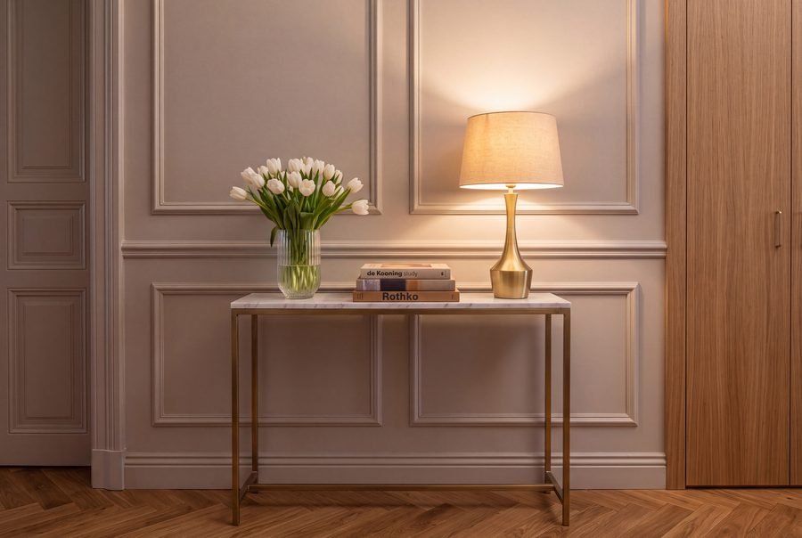 Marble console in the panelled hallway
