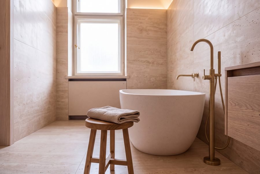 Freestanding stone bath in travertine