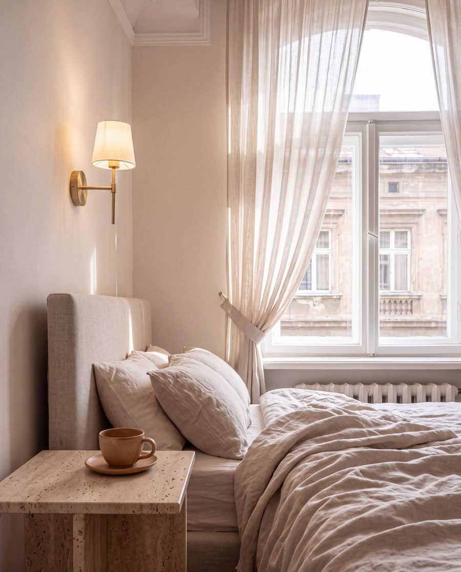 Bedside detail with brass wall light