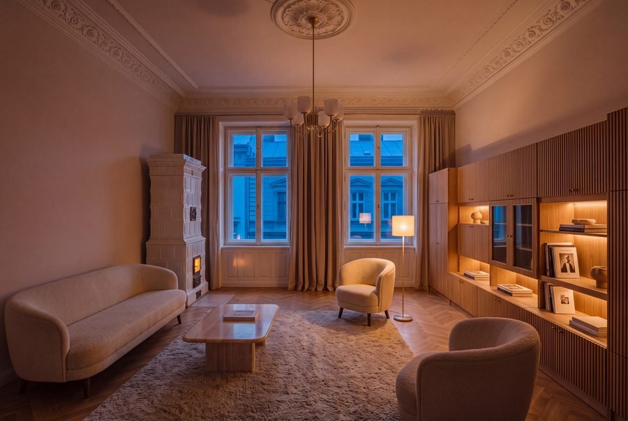The living room at dusk