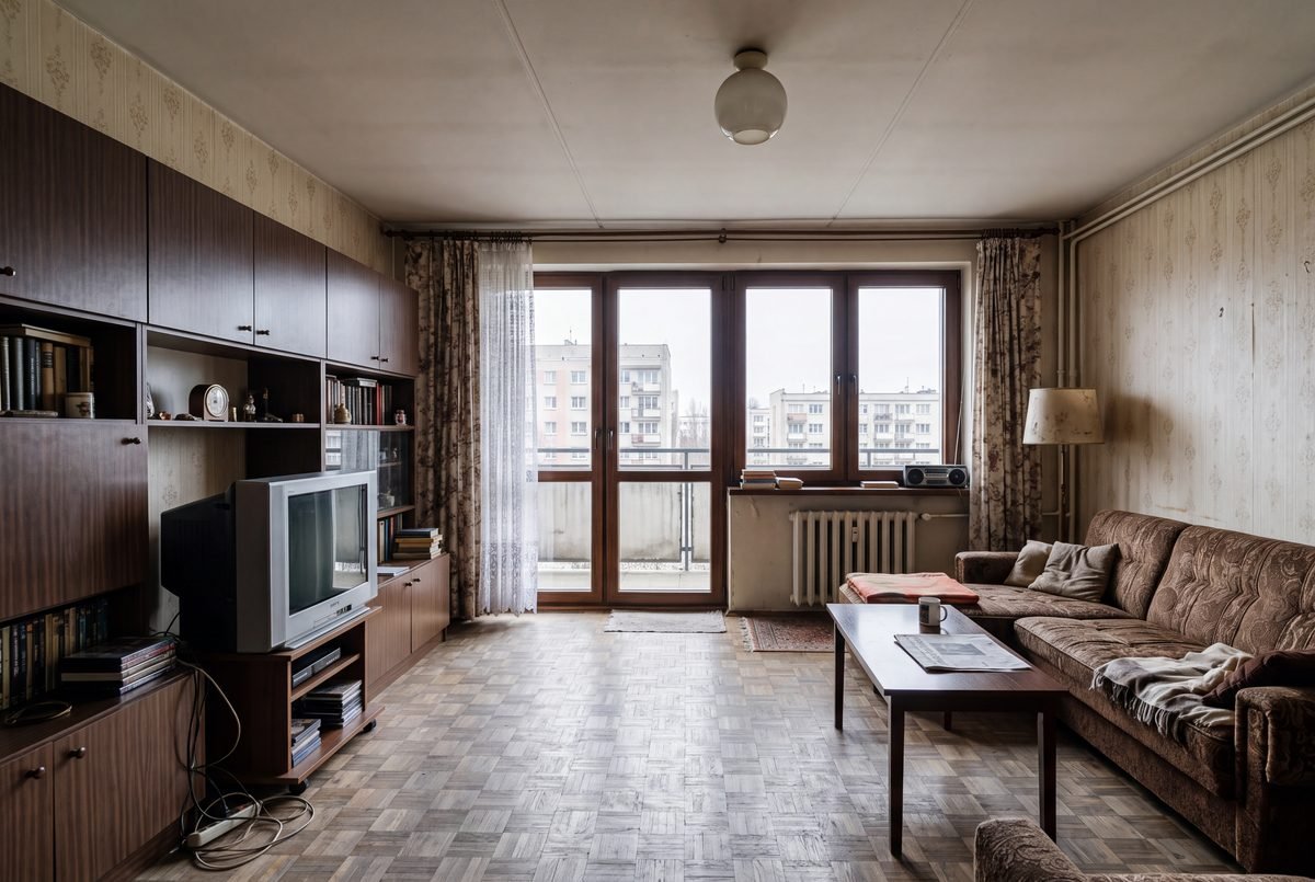 Living room, Mokotów Smoked Oak Kitchen (Before)