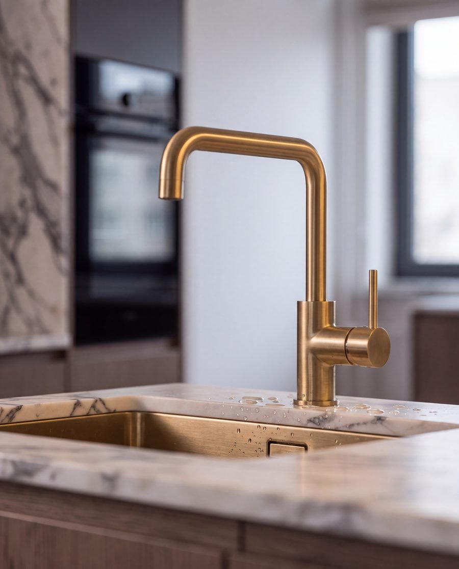 Brass tap against Arabescato marble
