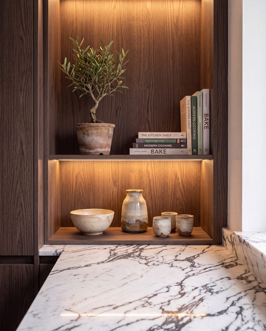 Open oak shelf with handmade ceramics