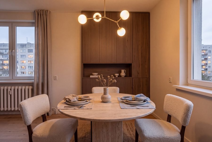 Travertine dining table under a brass pendant