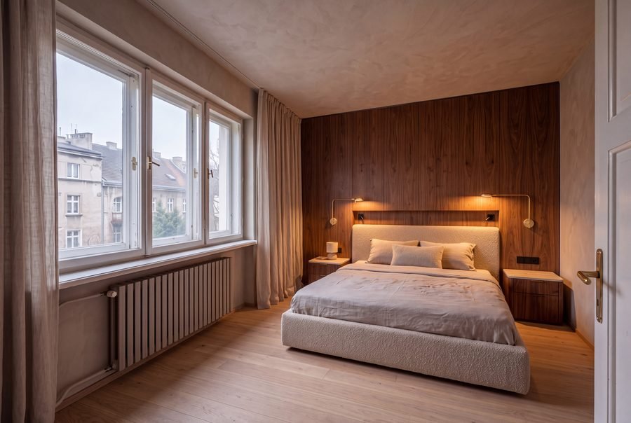 Bedroom with walnut headboard wall