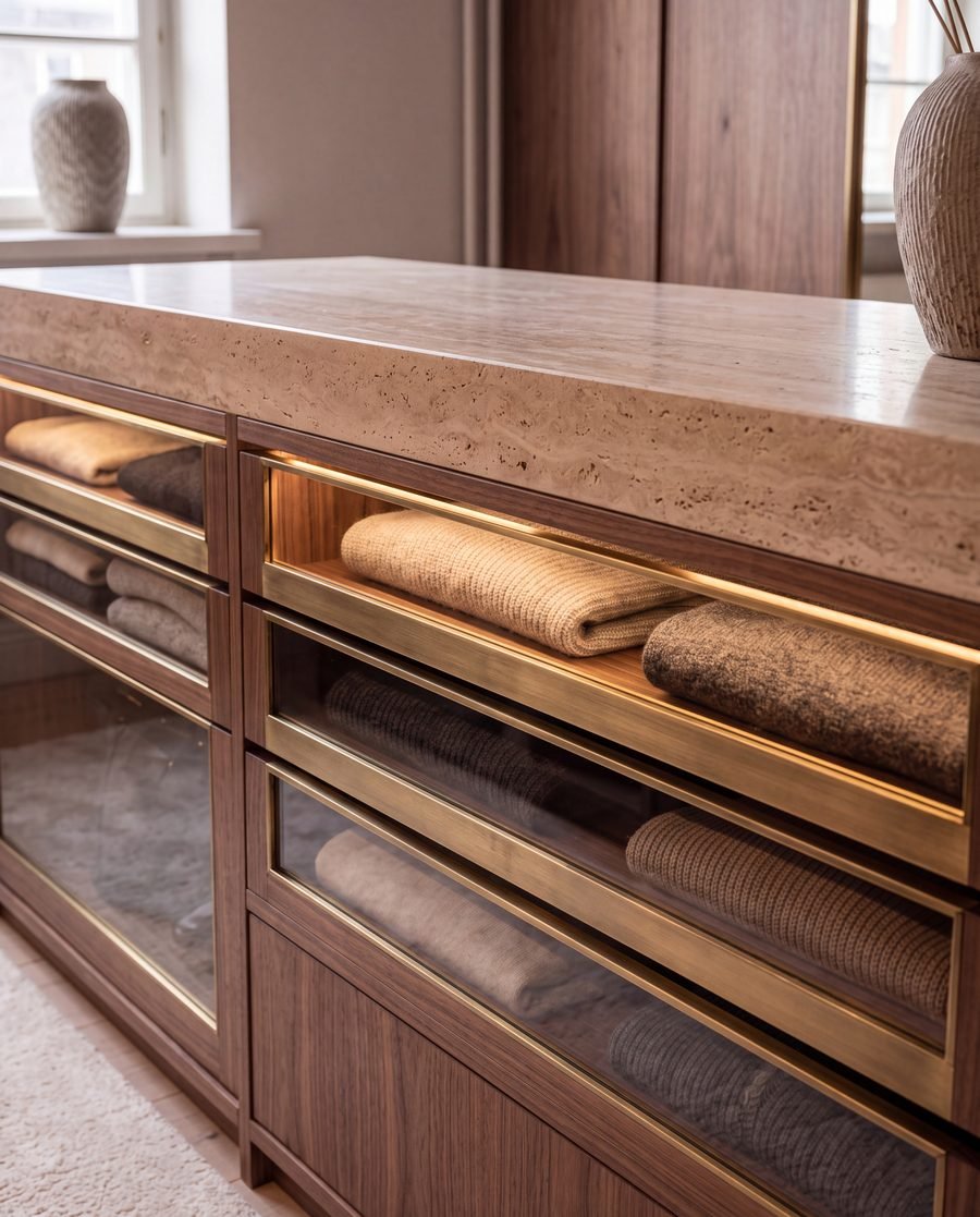 Glass-fronted walnut drawers