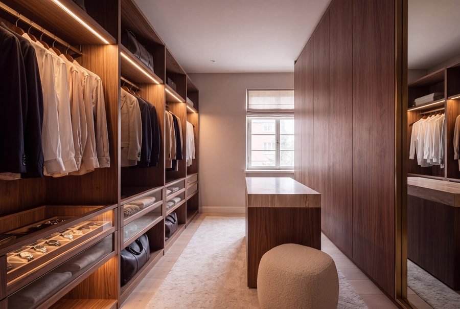 Walk-in wardrobe with travertine island