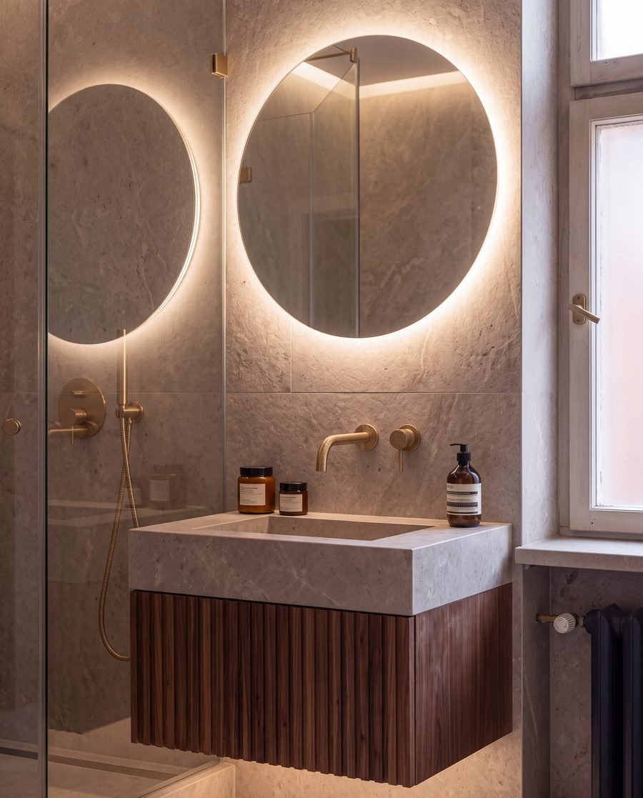 Brass wall tap over a stone basin