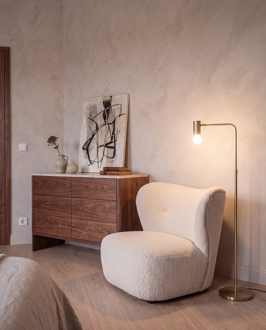 Reading corner with bouclé lounge chair