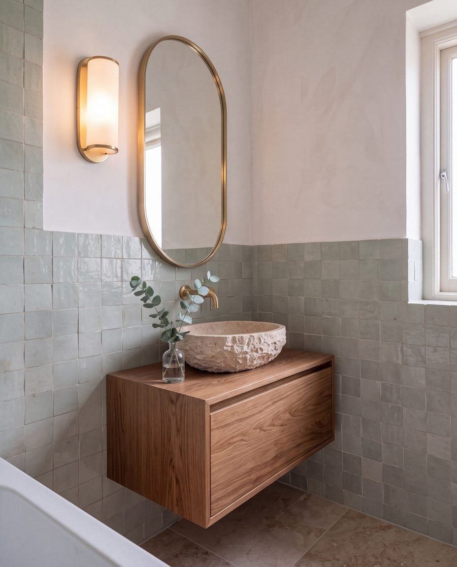 Oak vanity and pill-shaped mirror