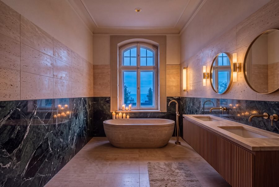 The master bath at dusk